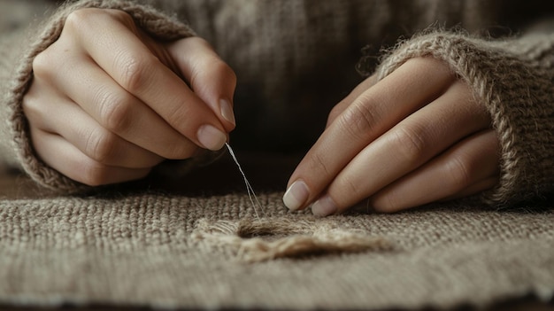 Zbliżenie igły i nici na materiale